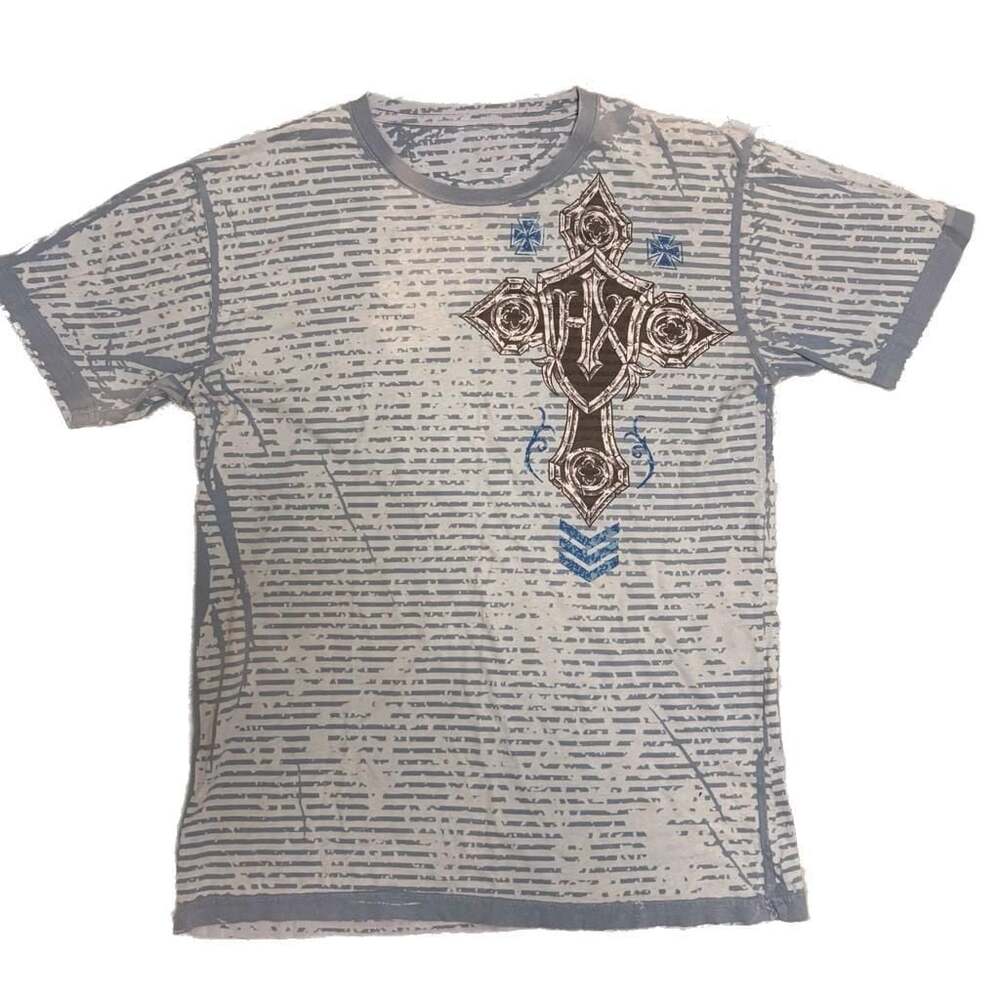 HELIX Blue Striped T-Shirt Distressed 2000s Y2K Goth Grunge Affliction Medium